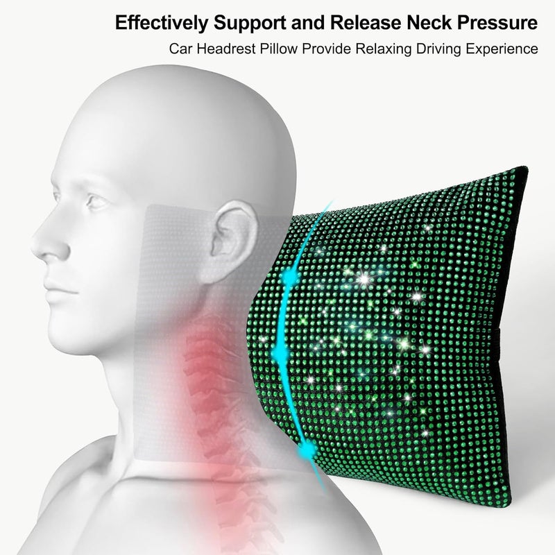 surpassme 2PCS Rhinestone Car Headrest Neck Pillow for Driving with Bling Bling Crystal Bow Pillow Car Accessories for Women (Green) - Image 4